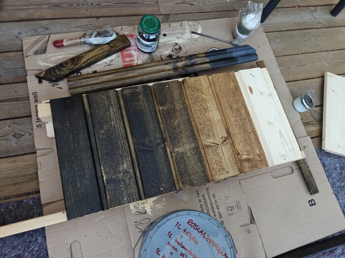 Olika träpaneler målade i olika nyanser av brun och svart, med burk av roslagsmahogny och pensel på en träplatta.