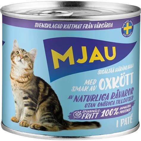 Burk med svensk kattmat av märket Mjau, innehållande oxköttspaté utan spannmål och onödiga tillsatser, med naturliga råvaror.