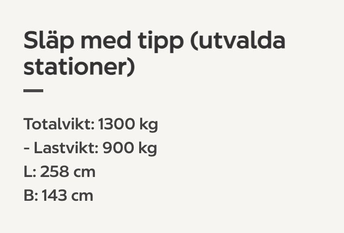 Släp med tipp, totalvikt 1300 kg, lastvikt 900 kg, längd 258 cm, bredd 143 cm. Passar för att lasta material enligt diskussion.