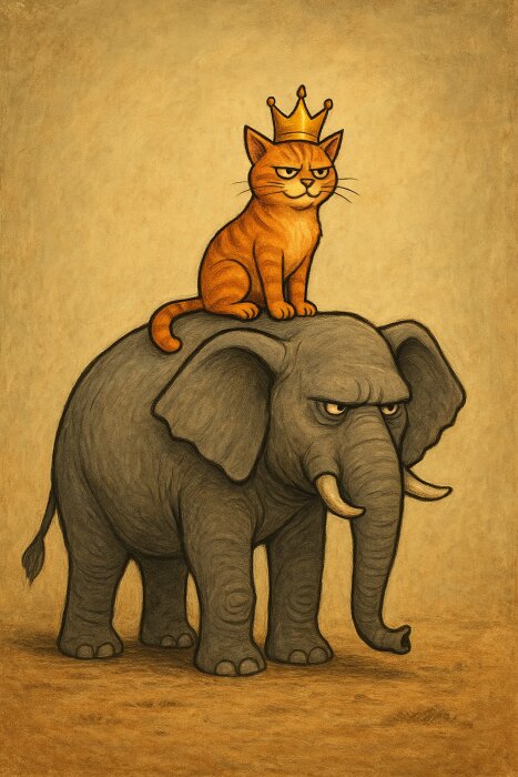 En tecknad bild av en katt med krona som sitter på en elefants rygg. Katten ser självsäker ut, och elefanten ser lite butter ut.