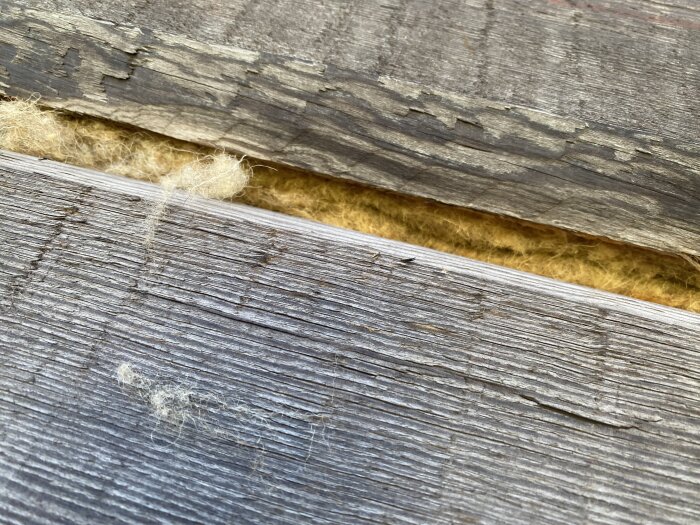 Närbild på laxknutar i timmerhusvägg med synliga glipor och tecken på felaktigt byggnadsarbete; isolering ses mellan stockarna.