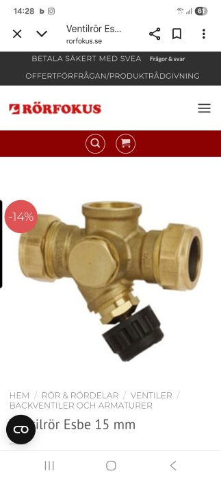 Mässingsventilrör med svart ratt och tre anslutningar, används för VVS-installationer. 14% rabatt märkt på produkten.