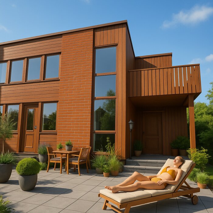 Modern träbyggnad med stor altan, kvinna i gul bikini solar på solstol, omgiven av krukväxter och utebord under blå himmel.