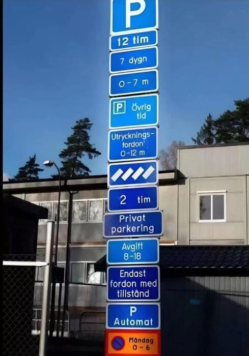 Parkeringsskyltar med information om tidsbegränsningar, avgifter och särskilda villkor, såsom 12-timmars parkering, utryckningsfordon och privat parkering.