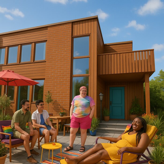 Fyra personer umgås och skrattar på uteplatsen framför ett modernt trähus, med solstolar och ett parasoll.