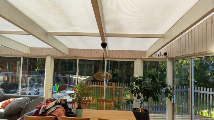 Uterum med kanalplasttak och glasdörrar, inrett med träbord, stolar, soffa, växter och taklampa. Veranda och trädgård syns utanför.