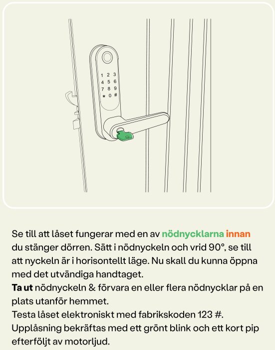 Elektroniskt dörrhandtag med nödkodslots och nyckel infogad, visas tillsammans med instruktion för manuell upplåsning.