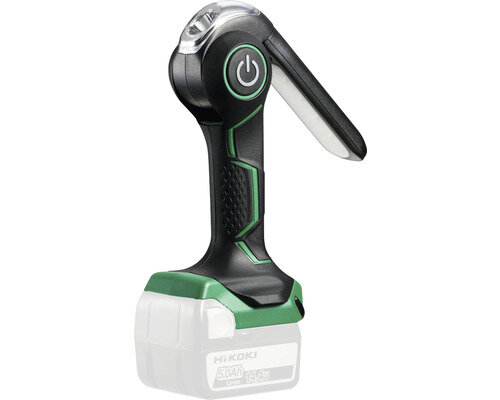 Laddbar LED-arbetslampa med batterifäste, stående på en vit bakgrund.