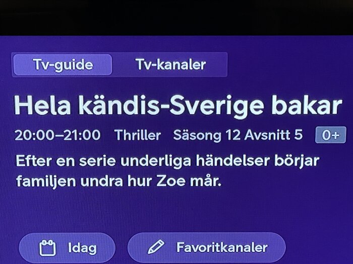 TV-skärm som visar programmet 'Hela kändis-Sverige bakar', perioden 20:00–21:00, märkt som thriller i TV-tablå.