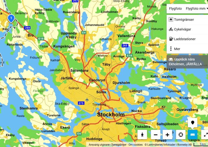 Karta som visar Stockholm och dess omgivningar, inklusive Vaxholm och Järfälla, med vägar och ortnamn markerade.