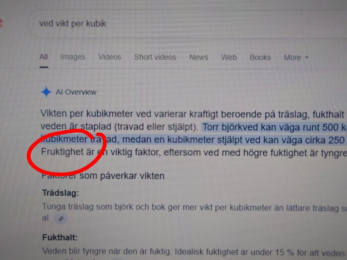 Sökresultat om vedvikt med stavfel "Fruktighet" istället för "Fuktighet", markerat med rött.