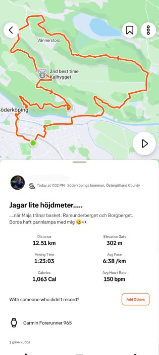 Karta över löprunda i Söderköping, visar spår genom Ramunderberget och Borgberget. Distans 12,51 km, 302 m höjd, snittempo 6:38/km, 1063 kalorier. Garmin Forerunner 965.
