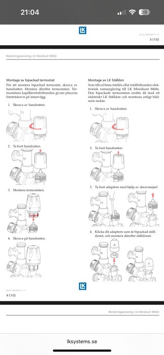 Monteringsanvisning för LK Minishunt M60n med illustrationer om hur man monterar en bipackad termostat och ställdon.