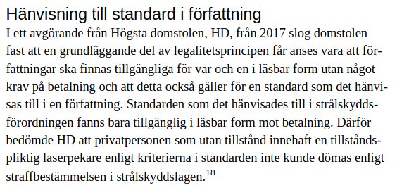 Textutdrag från Högsta Domstolens avgörande 2017 om tillgång till standard i författning utan betalning, relaterat till strålskyddslagen.