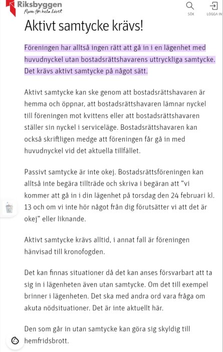 Bilden visar en artikel från Riksbyggen med rubriken "Aktivt samtycke krävs" som diskuterar regler för föreningens rätt till lägenhetstillträde.