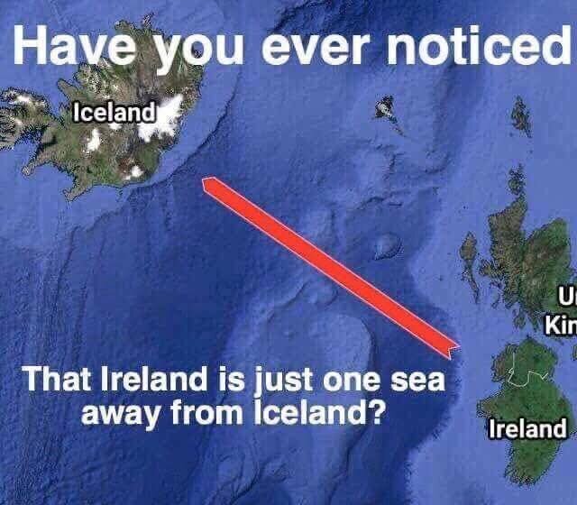 Satellitbild som visar avståndet mellan Island och Irland med en röd linje och text som påpekar avståndet över havet mellan de två länderna.