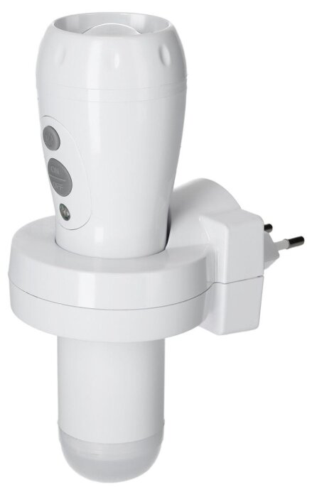 Laddbar nödljus-lampa från Clas Ohlson, vit med på/av-knappar, plugg för eluttag.