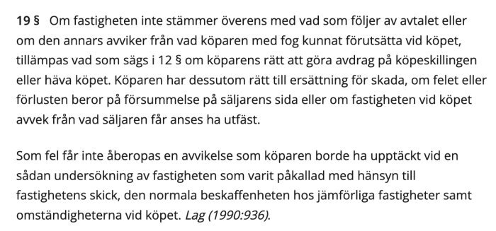 Textutdrag ur 19 § jordabalken om köparens rättigheter vid fel i fastighet.