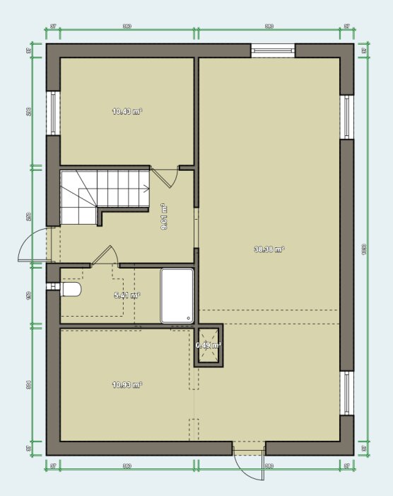 Planritning av 1.5-plans hus med markerade områden: sovrum, badrum, källare och pannrum. Väggar för källarplanet streckade.