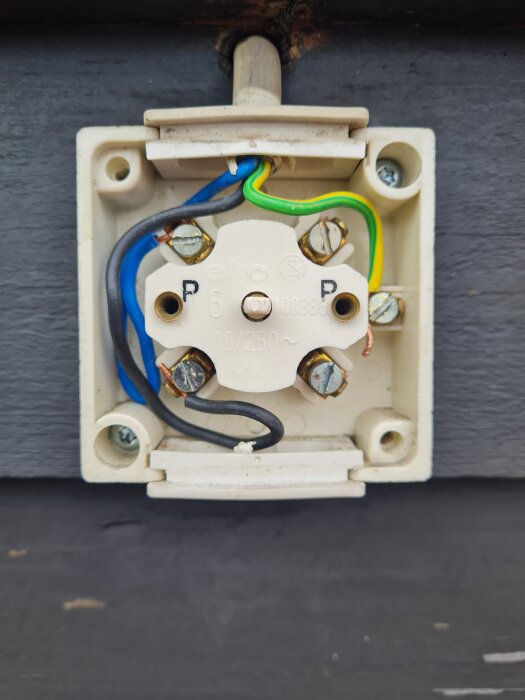 En gammal vridströmbrytare där ledningar i blå, grön-gul och svart är kopplade. Montering på trävägg utomhus, med synliga skruvar.