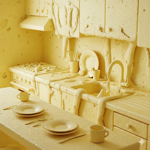 Bild av ett kök täckt i ett material som liknar smält ost, med möbler och köksutrustning som ser ut att vara formade av osten.