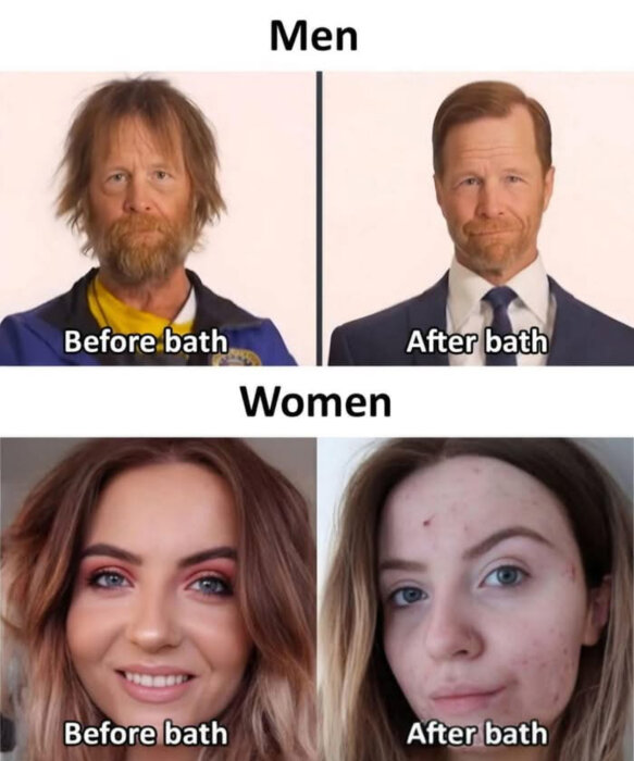 Före och efter badbilder av man och kvinna, där mannen blir mer välklädd medan kvinnan har makeup före och inget smink efter.