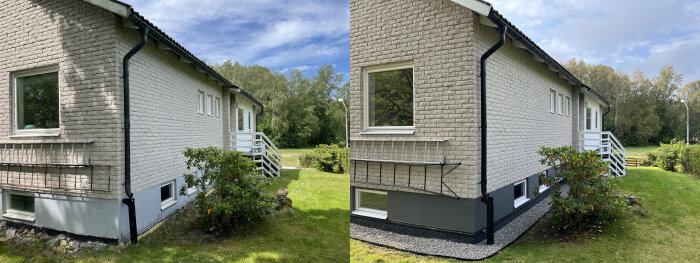 Före- och efterbild av hus med mexitegel; sockeln målad i mörkare färg, träfasad och hängrännor uppfräschade, omgiven av grönska.