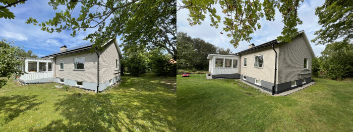 Före- och efterbilder av ett hus med ommålad sockel i mörkare färg och uppfräschad träfasad, utan att mexitegel har målats över.