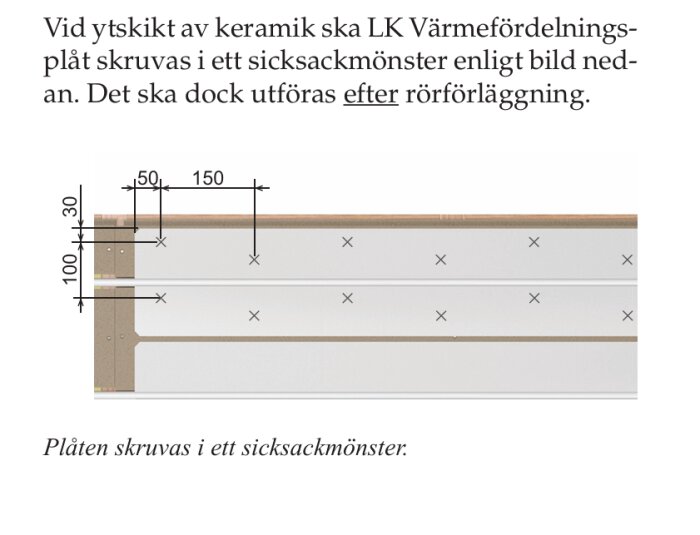 Diagram över skruvmönster för LK Värmefördelningsplåt vid keramikbeläggning. Plåtar skruvas i sicksackmönster enligt måtten 30, 50, och 150.