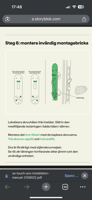 Steg-för-steg instruktion för att montera invändig montagebricka på vägg, visar skruvplacering för vänster- och högerhängda dörrar med illustration.