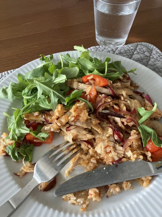 Tallrik med stekt ris, kyckling, rödlök, paprika och chili, dekorerad med sallad, bredvid ett glas vatten.