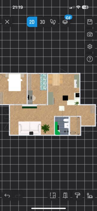 Planskiss av lägenhet med parkettgolv, visande rum som sovrum, vardagsrum, kök, och hall. Används i diskussion om flytande golvläggning.