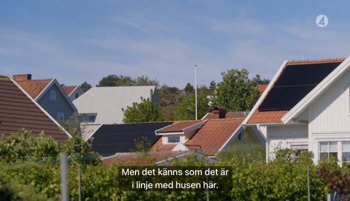 Hustak med solpaneler och omgivande grönska, flera hus med röda och grå tak, ett modernt hus med ljus mönstrat tak och solpaneler.