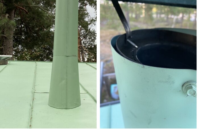 Gröna plåtkonstruktioner, den ena på taket och den andra med öppen topp i närbild, diskuteras om de är samma "plåt-tratt".