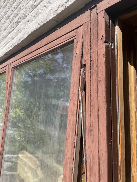 Gammalt fönster med slitna träkarmar och mjölkigt glas, delvis öppnat, mot tegelvägg, reflekterar träd och himmel.