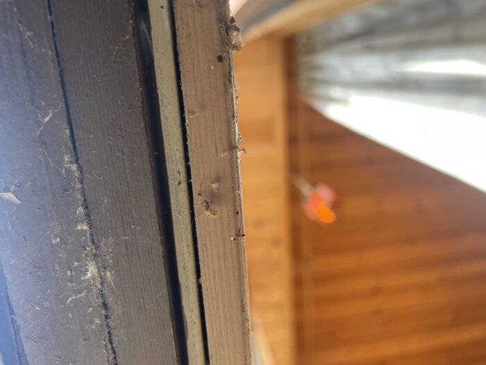 Närbild på kanten av ett fönster med dammig karm och en träig bakgrund i ett rum, fokus på smuts och möjliga fuktproblem.