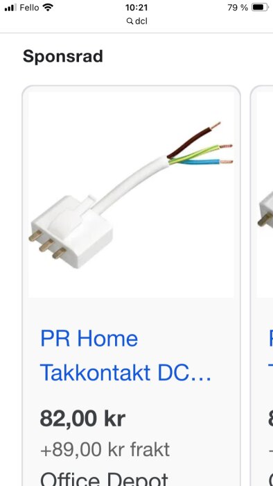 DCL-takkontakt med tre metalldelar och fyra ledningar visad i en annons.