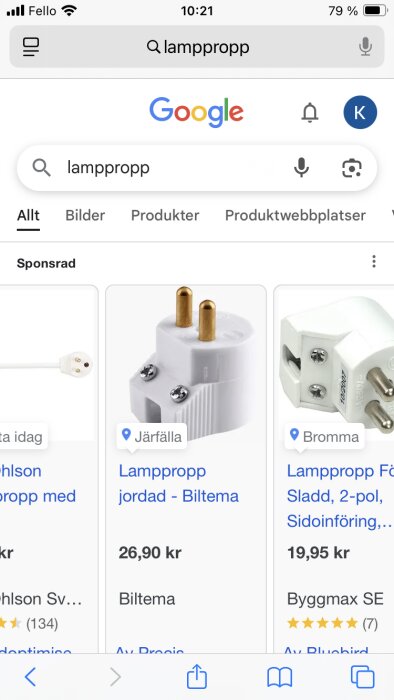 Skärmbild av en mobil Googlesökning efter "lamppropp" med annonser för olika jordade lampproppar från Biltema och Byggmax.