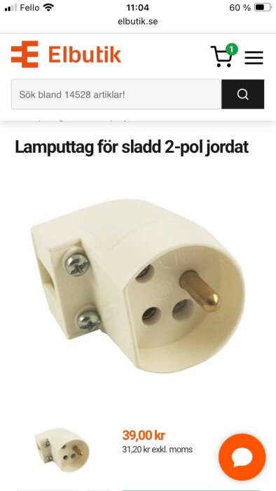 2-poligt jordat lamputtag för sladd, visas med pris 39,00 kr, på en webbsida från Elbutik.