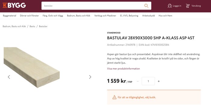 Aspträbit för bastulavar, 28x90x3000 mm, kilovara, visas med produkttext om ljus och jämn träkvalitet. Priset är 1 559 kr för fyra stycken.
