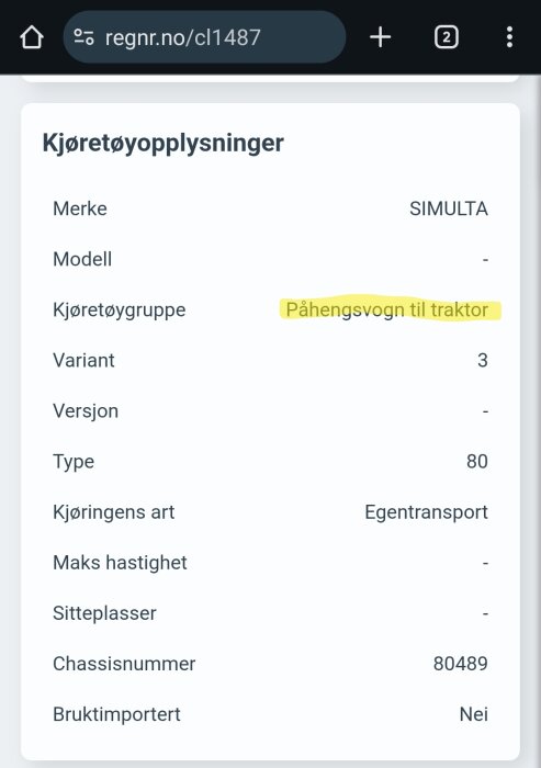 Kjøretøyopplysninger med kjöretøygruppe "Påhengsvogn til traktor" och merke "SIMULTA" markerat.