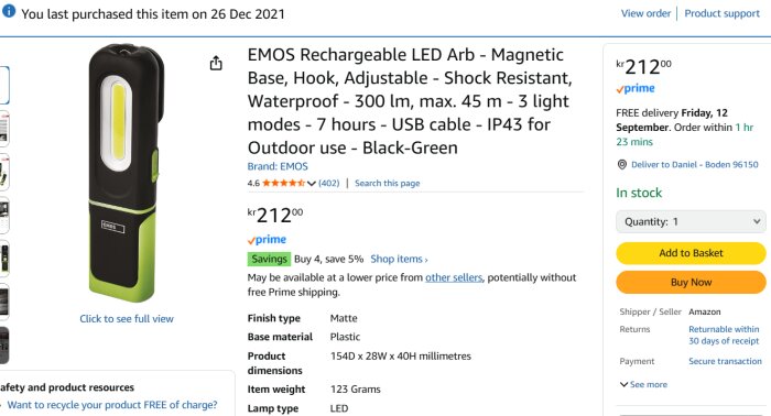 LED-arbetslampa med magnetisk bas, krok, 300 lumen, USB-laddning, IP43, svart-grön, från EMOS, pris 212 kr, visas på Amazon-produktlista.