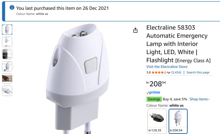 Vit Electraline 58303 automatisk nödljuslampa, LED, energiesnål klass A, visas på en produktlista med pris och kundbetyg.