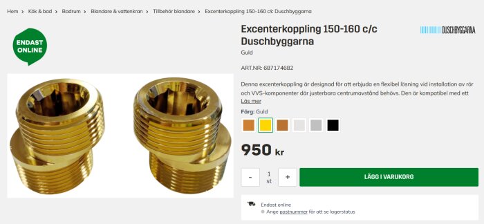 Excenterkopplingar i mässingsfärg från Duschbyggarna, visas som ett par och finns i storleken 150-160 c/c.