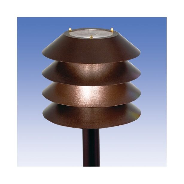 Brun, rund markarmatur med fyra skärmar i 70-talsstil, monterad på en stång, mot blå bakgrund.