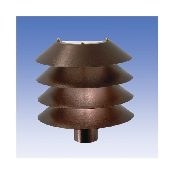 Brun, rund markarmatur med 70-talsinspiration, designad för montering på påle, med koniska skärmar mot blå bakgrund.