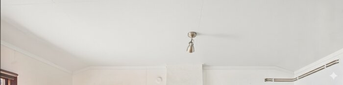 Ett vitt tak med en taklampa i metall samt vita väggar syns i bakgrunden.