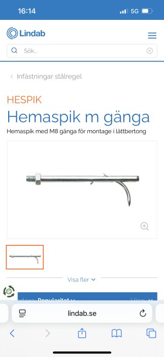 Bild av en Hespik med M8 gänga, avsedd för montering i lättbetong, med en synlig mutter och spetsigt avslut.