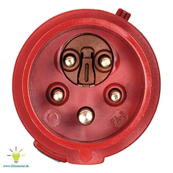 Röd rund kontakt för elinstallation, sett framifrån med flera stift.