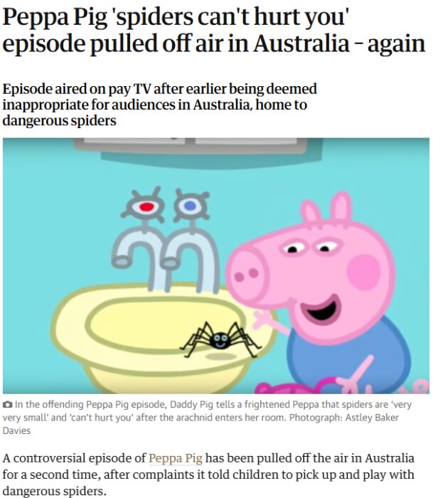 Animerad Peppa Pig framför ett handfat med en spindel på kanten, från ett kontroversiellt avsnitt om spindlar i Australien.